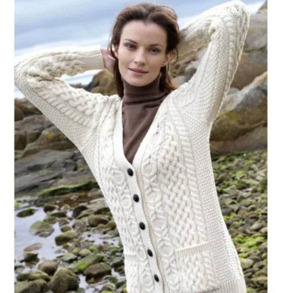 Aran Mor Merino Wool Cable Knit Cardigan Cream XL Irish Boyfriend
